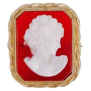 Vintage 1930s Gold Plated Red Cameo Brooch White Molded Plastic Portrait Pin